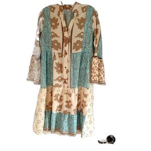 Tiered Knee-length Dress Size S Tan Blue Cream Ruffle Hem